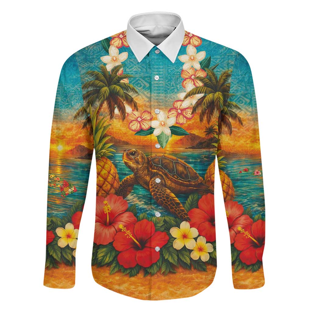 Hawaiian Turtles on Beach Family Matching Mermaid Dress and Hawaiian Shirt with Pineapple Tropical Plant and Lei LT03 Dad's Shirt - Long Sleeve Multicolor - Polynesian Pride
