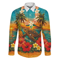 Hawaiian Turtles on Beach Family Matching Mermaid Dress and Hawaiian Shirt with Pineapple Tropical Plant and Lei LT03 Dad's Shirt - Long Sleeve Multicolor - Polynesian Pride