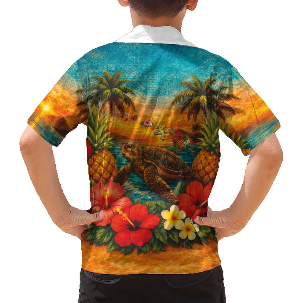 Hawaiian Turtles on Beach Family Matching Off Shoulder Maxi Dress and Hawaiian Shirt with Pineapple Tropical Plant and Lei LT03 - Polynesian Pride