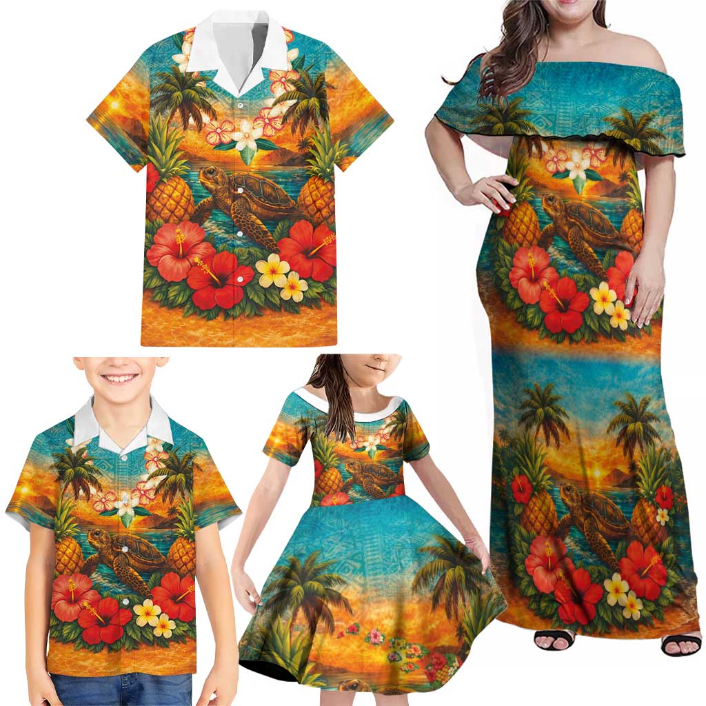 Hawaiian Turtles on Beach Family Matching Off Shoulder Maxi Dress and Hawaiian Shirt with Pineapple Tropical Plant and Lei LT03 - Polynesian Pride