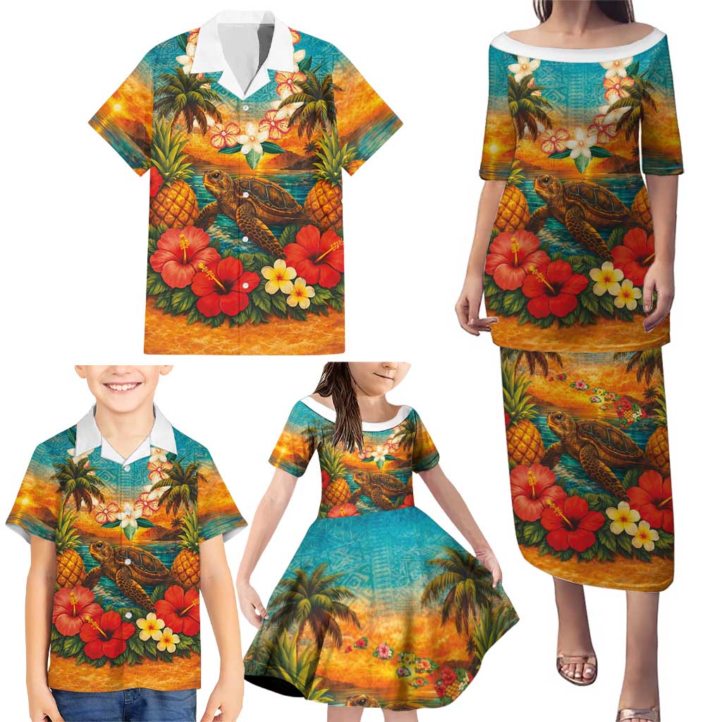 Hawaiian Turtles on Beach Family Matching Puletasi and Hawaiian Shirt with Pineapple Tropical Plant and Lei LT03 - Polynesian Pride