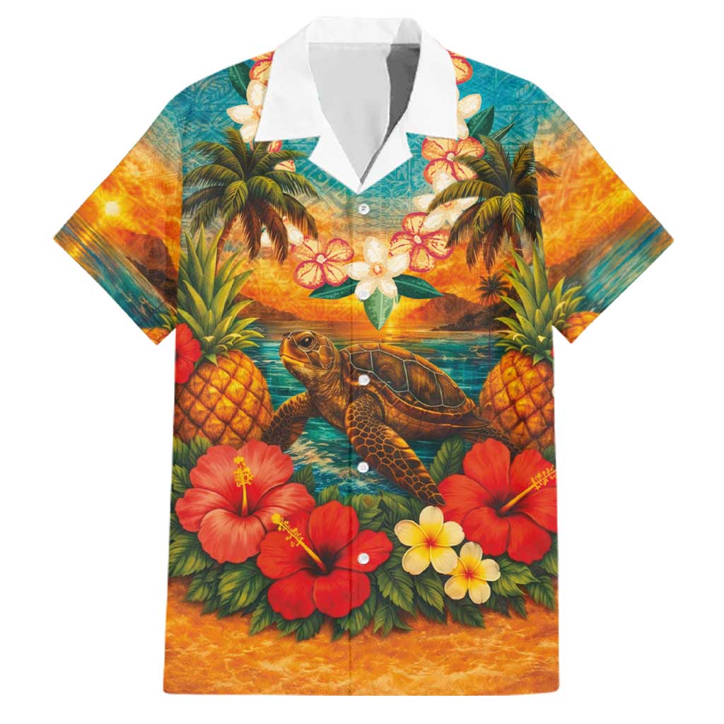 Hawaiian Turtles on Beach Family Matching Puletasi and Hawaiian Shirt with Pineapple Tropical Plant and Lei LT03 Dad's Shirt - Short Sleeve Multicolor - Polynesian Pride