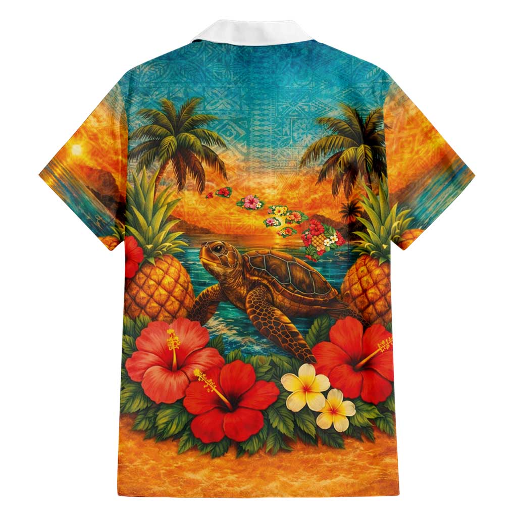 Hawaiian Turtles on Beach Family Matching Tank Maxi Dress and Hawaiian Shirt with Pineapple Tropical Plant and Lei LT03 - Polynesian Pride