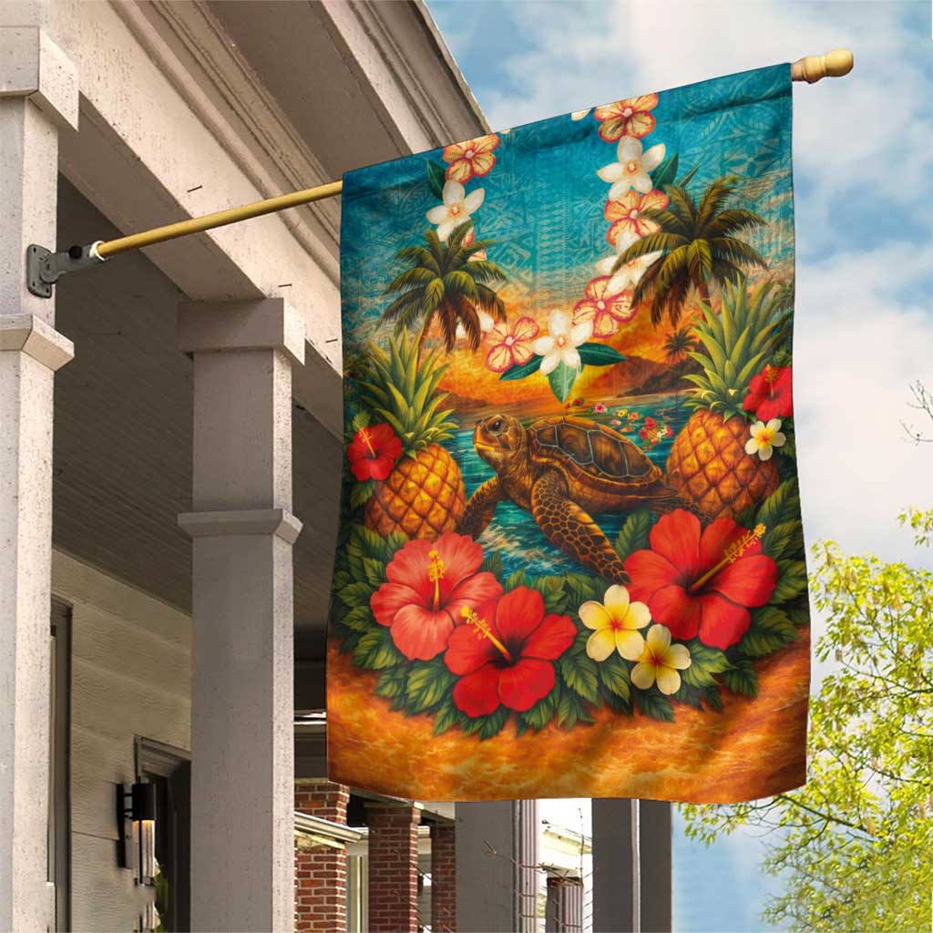 Hawaiian Turtles on Beach Garden Flag with Pineapple Tropical Plant and Lei