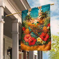 Hawaiian Turtles on Beach Garden Flag with Pineapple Tropical Plant and Lei