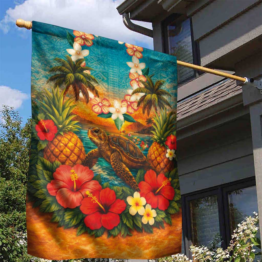 Hawaiian Turtles on Beach Garden Flag with Pineapple Tropical Plant and Lei