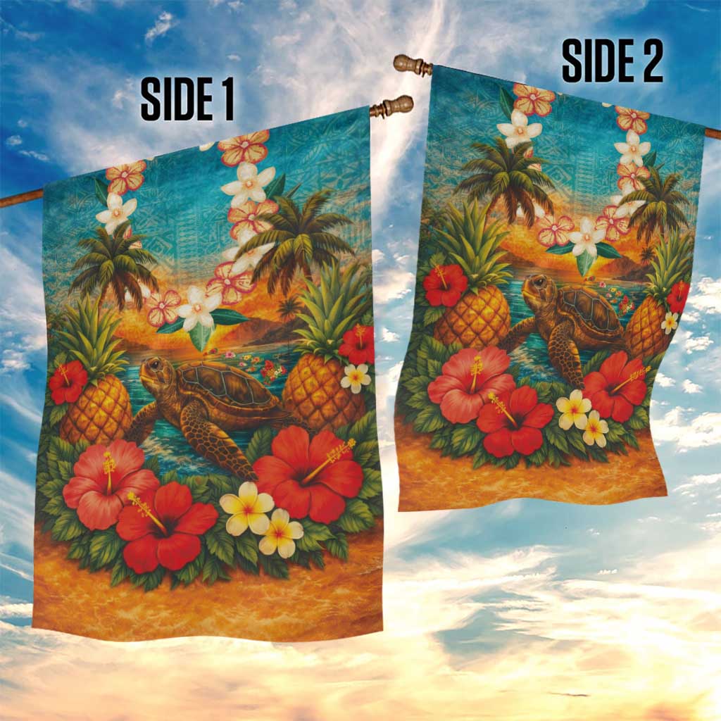 Hawaiian Turtles on Beach Garden Flag with Pineapple Tropical Plant and Lei