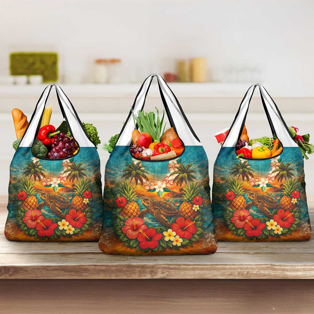 Hawaiian Turtles on Beach Grocery Bag with Pineapple Tropical Plant and Lei LT03 3-pack One Size Multicolor - Polynesian Pride