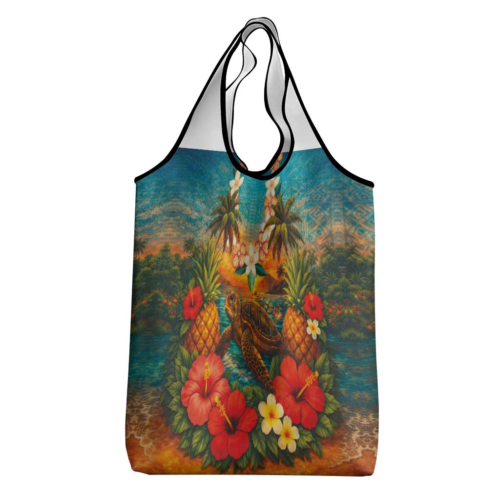 Hawaiian Turtles on Beach Grocery Bag with Pineapple Tropical Plant and Lei LT03 - Polynesian Pride
