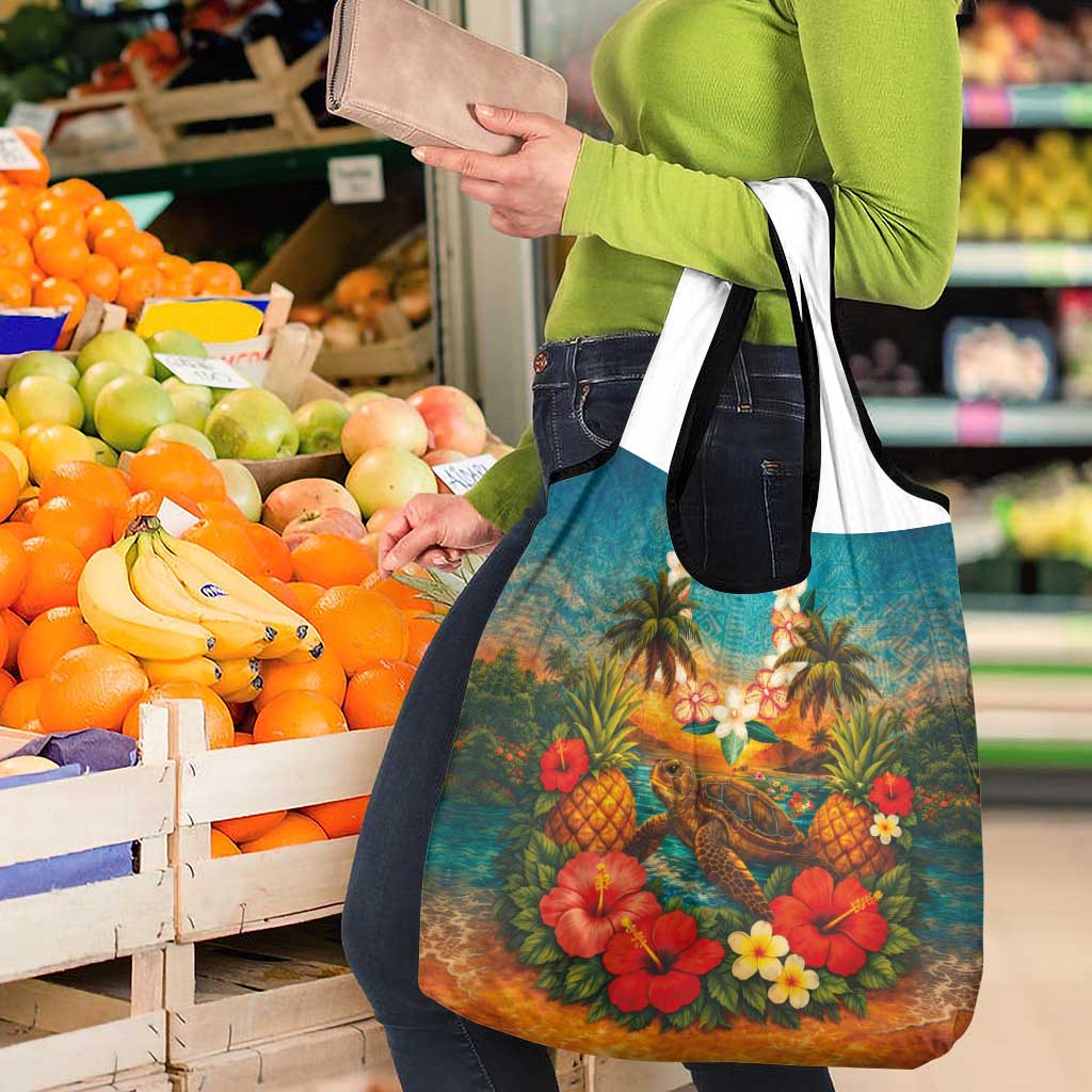 Hawaiian Turtles on Beach Grocery Bag with Pineapple Tropical Plant and Lei LT03 - Polynesian Pride