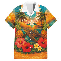 Hawaiian Turtles on Beach Hawaiian Shirt with Pineapple Tropical Plant and Lei