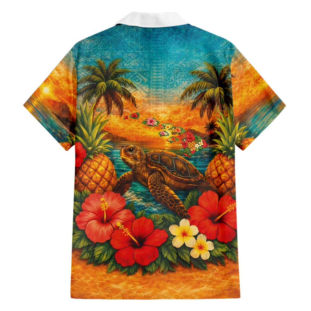 Hawaiian Turtles on Beach Hawaiian Shirt with Pineapple Tropical Plant and Lei