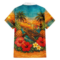 Hawaiian Turtles on Beach Hawaiian Shirt with Pineapple Tropical Plant and Lei