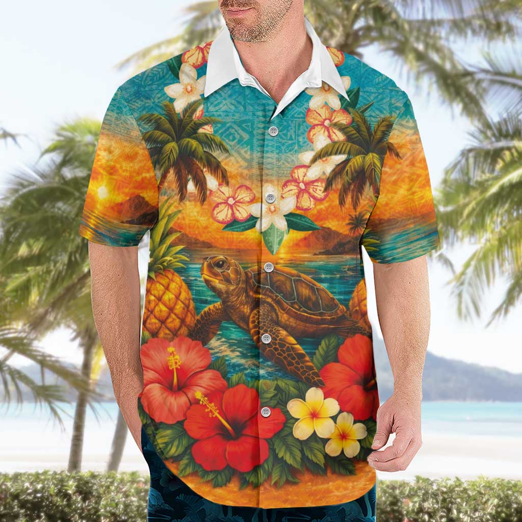 Hawaiian Turtles on Beach Hawaiian Shirt with Pineapple Tropical Plant and Lei