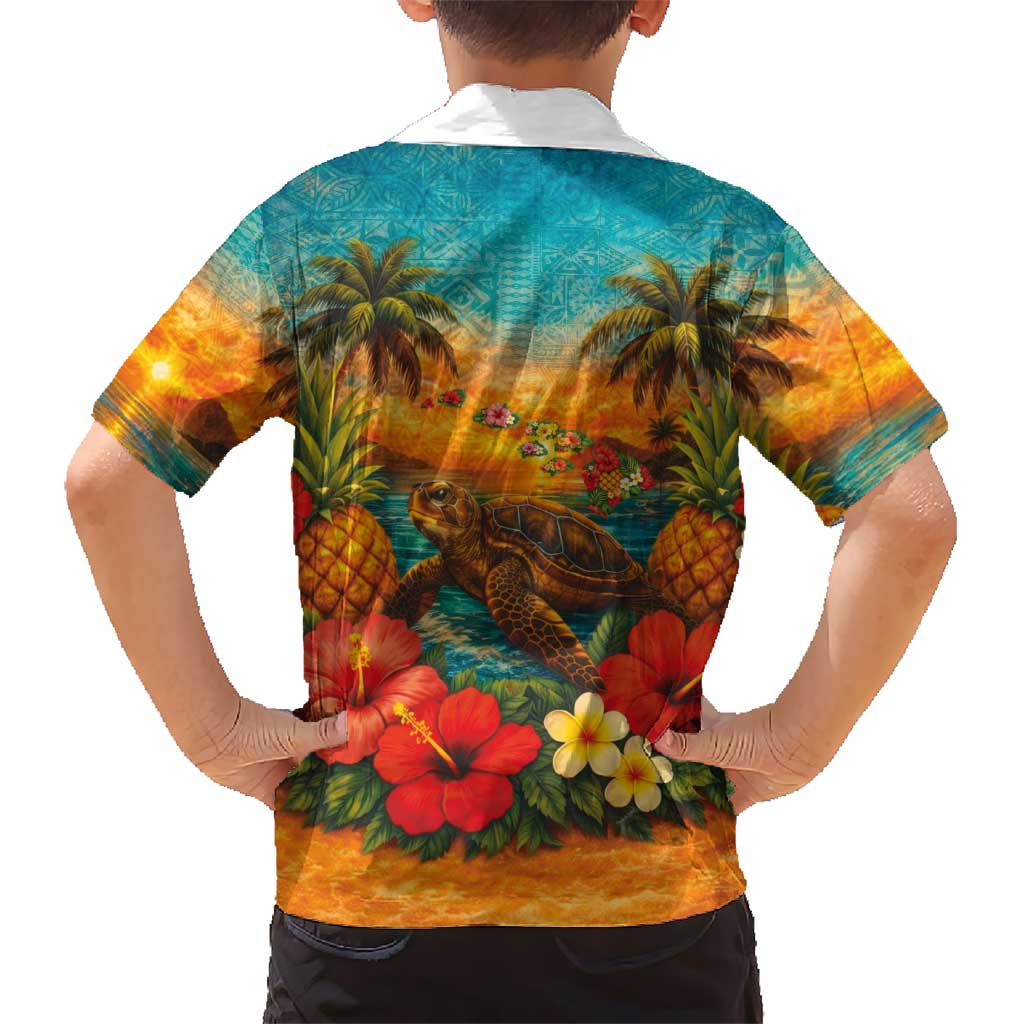 Hawaiian Turtles on Beach Hawaiian Shirt with Pineapple Tropical Plant and Lei