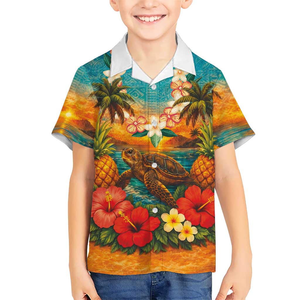 Hawaiian Turtles on Beach Kid Hawaiian Shirt with Pineapple Tropical Plant and Lei