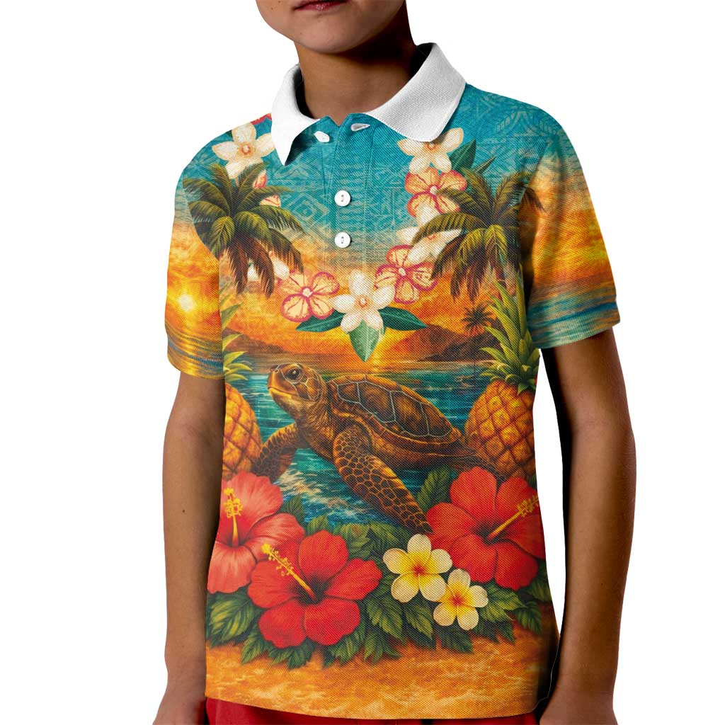 Hawaiian Turtles on Beach Kid Polo Shirt with Pineapple Tropical Plant and Lei