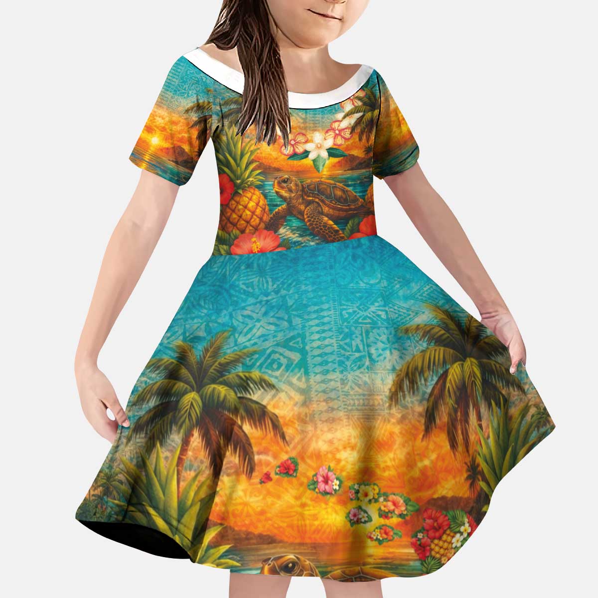 Hawaiian Turtles on Beach Kid Short Sleeve Dress with Pineapple Tropical Plant and Lei