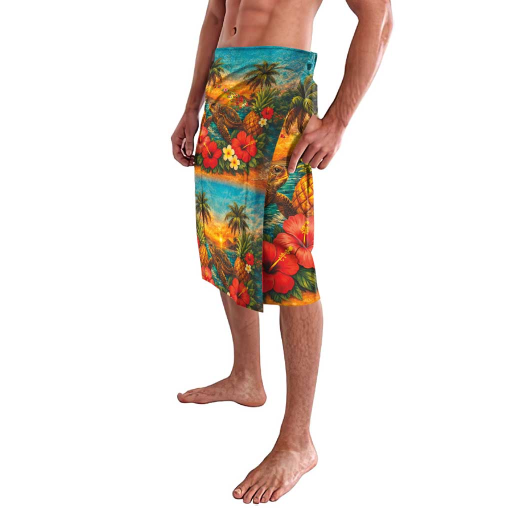 Hawaiian Turtles on Beach Lavalava with Pineapple Tropical Plant and Lei LT03 - Polynesian Pride
