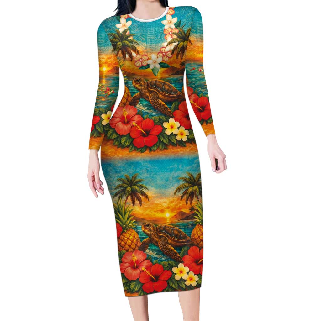 Hawaiian Turtles on Beach Long Sleeve Bodycon Dress with Pineapple Tropical Plant and Lei