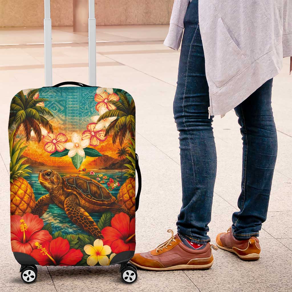 Hawaiian Turtles on Beach Luggage Cover with Pineapple Tropical Plant and Lei