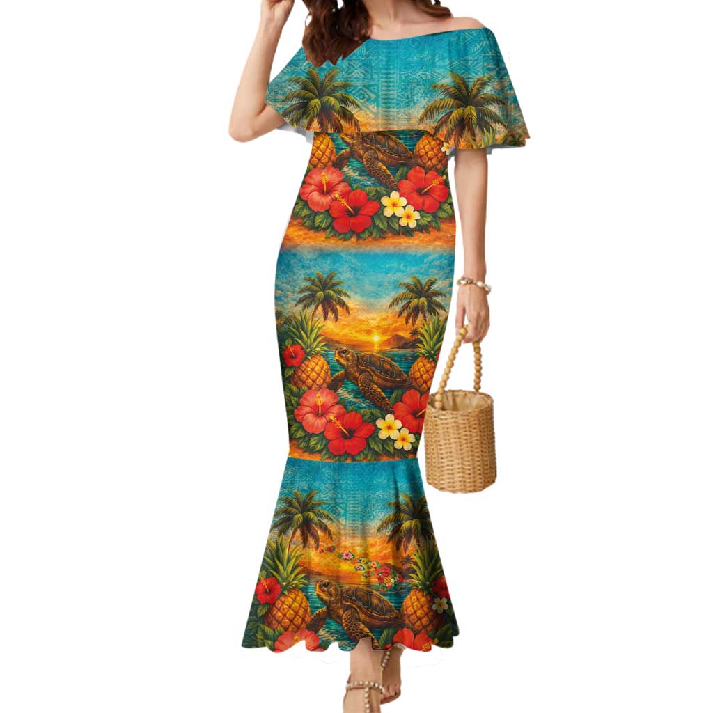 Hawaiian Turtles on Beach Mermaid Dress with Pineapple Tropical Plant and Lei