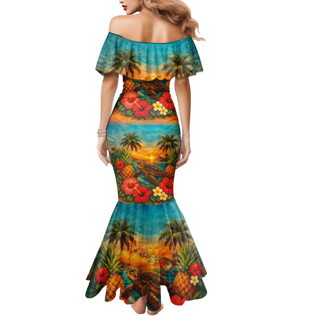 Hawaiian Turtles on Beach Mermaid Dress with Pineapple Tropical Plant and Lei LT03 - Polynesian Pride