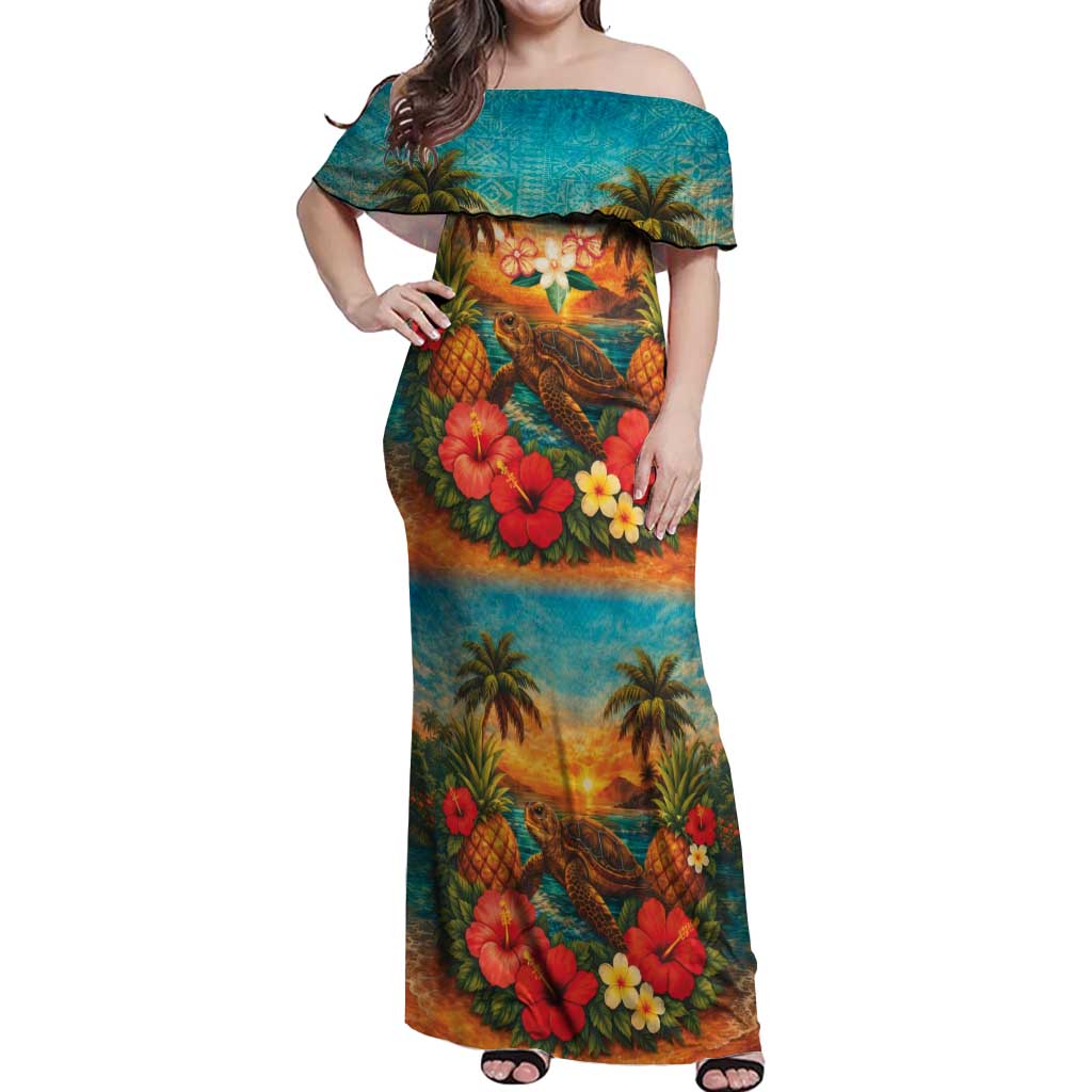 Hawaiian Turtles on Beach Off Shoulder Maxi Dress with Pineapple Tropical Plant and Lei