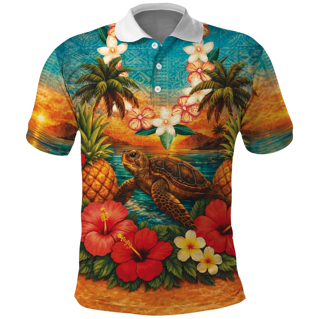 Hawaiian Turtles on Beach Polo Shirt with Pineapple Tropical Plant and Lei