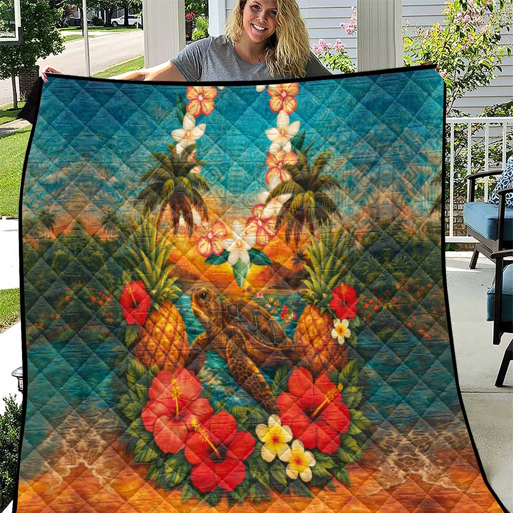 Hawaiian Turtles on Beach Quilt with Pineapple Tropical Plant and Lei LT03 Multicolor - Polynesian Pride