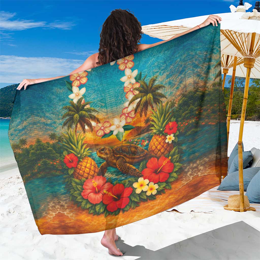 Hawaiian Turtles on Beach Sarong with Pineapple Tropical Plant and Lei