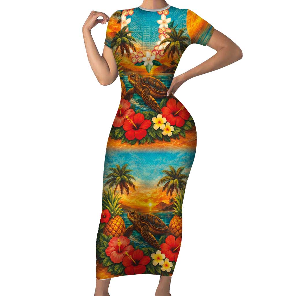 Hawaiian Turtles on Beach Short Sleeve Bodycon Dress with Pineapple Tropical Plant and Lei