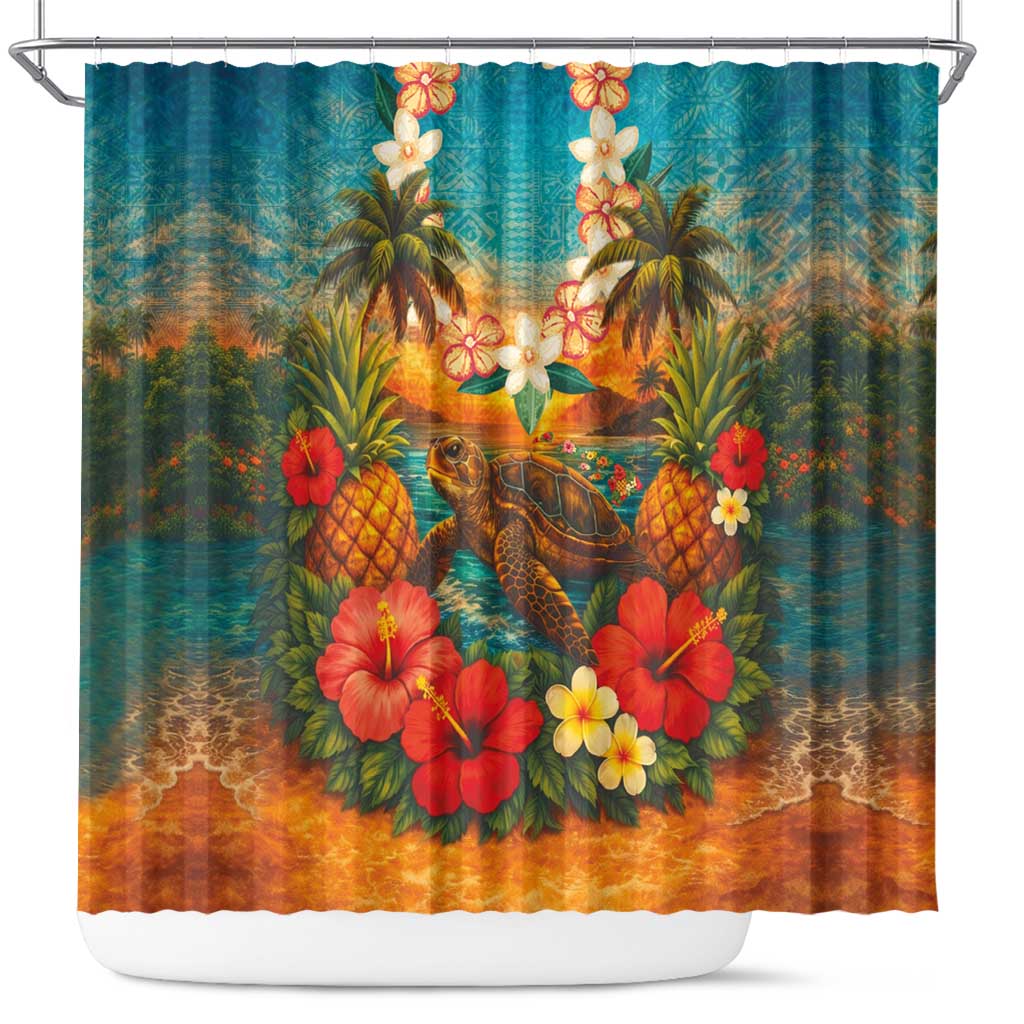 Hawaiian Turtles on Beach Shower Curtain with Pineapple Tropical Plant and Lei
