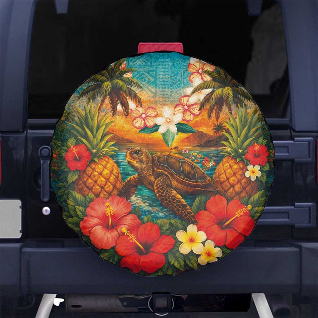 Hawaiian Turtles on Beach Spare Tire Cover with Pineapple Tropical Plant and Lei LT03 No hole Multicolor - Polynesian Pride