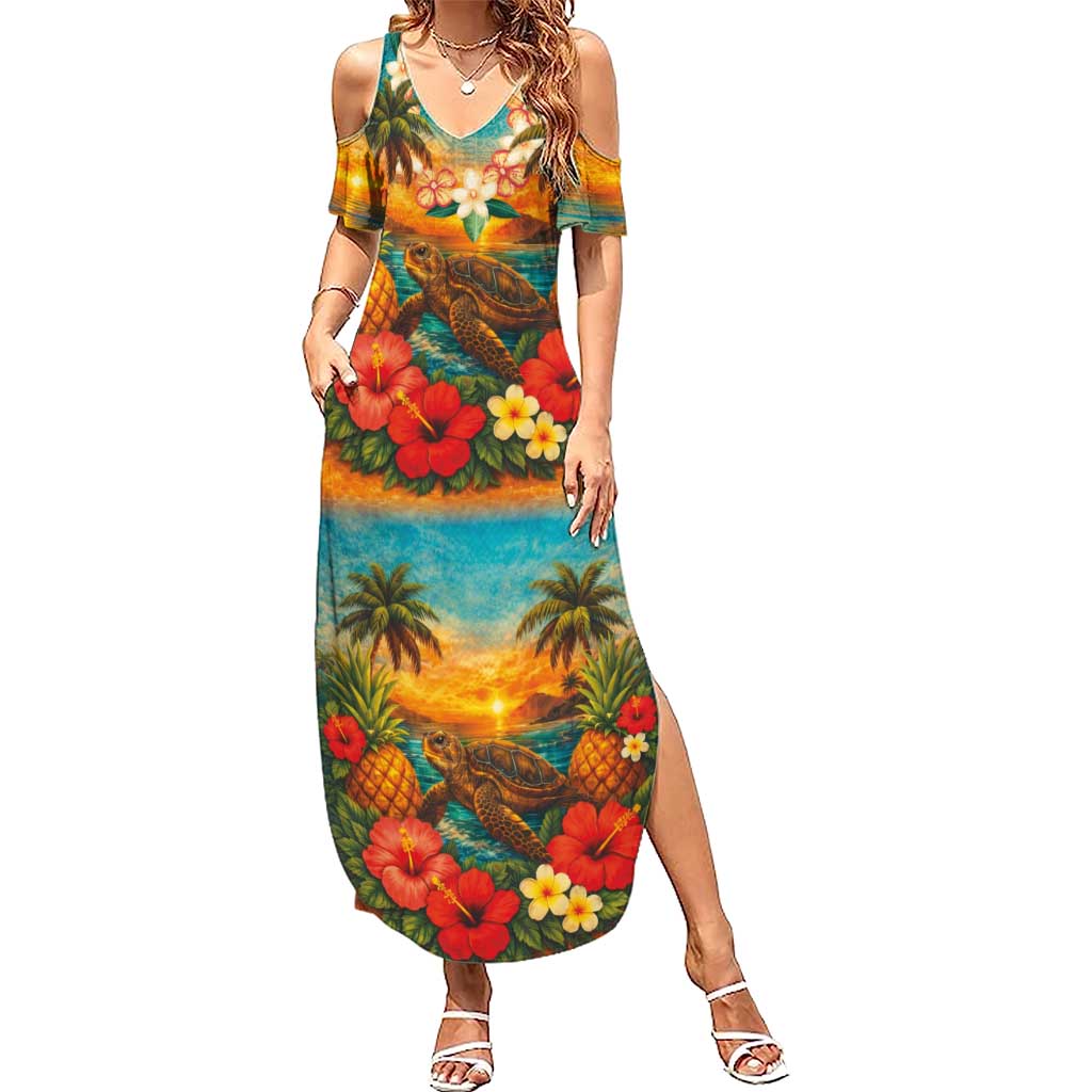 Hawaiian Turtles on Beach Summer Maxi Dress with Pineapple Tropical Plant and Lei