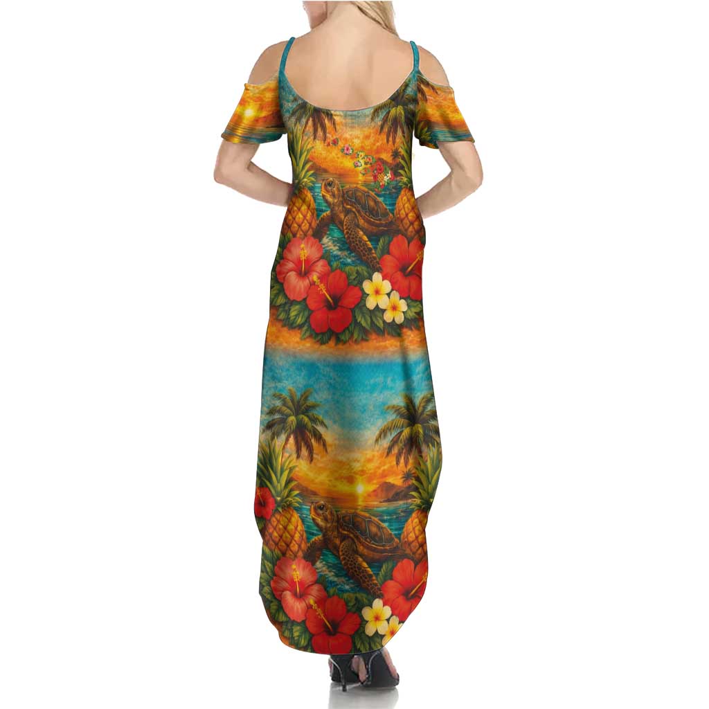 Hawaiian Turtles on Beach Summer Maxi Dress with Pineapple Tropical Plant and Lei LT03 - Polynesian Pride