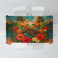 Hawaiian Turtles on Beach Tablecloth with Pineapple Tropical Plant and Lei