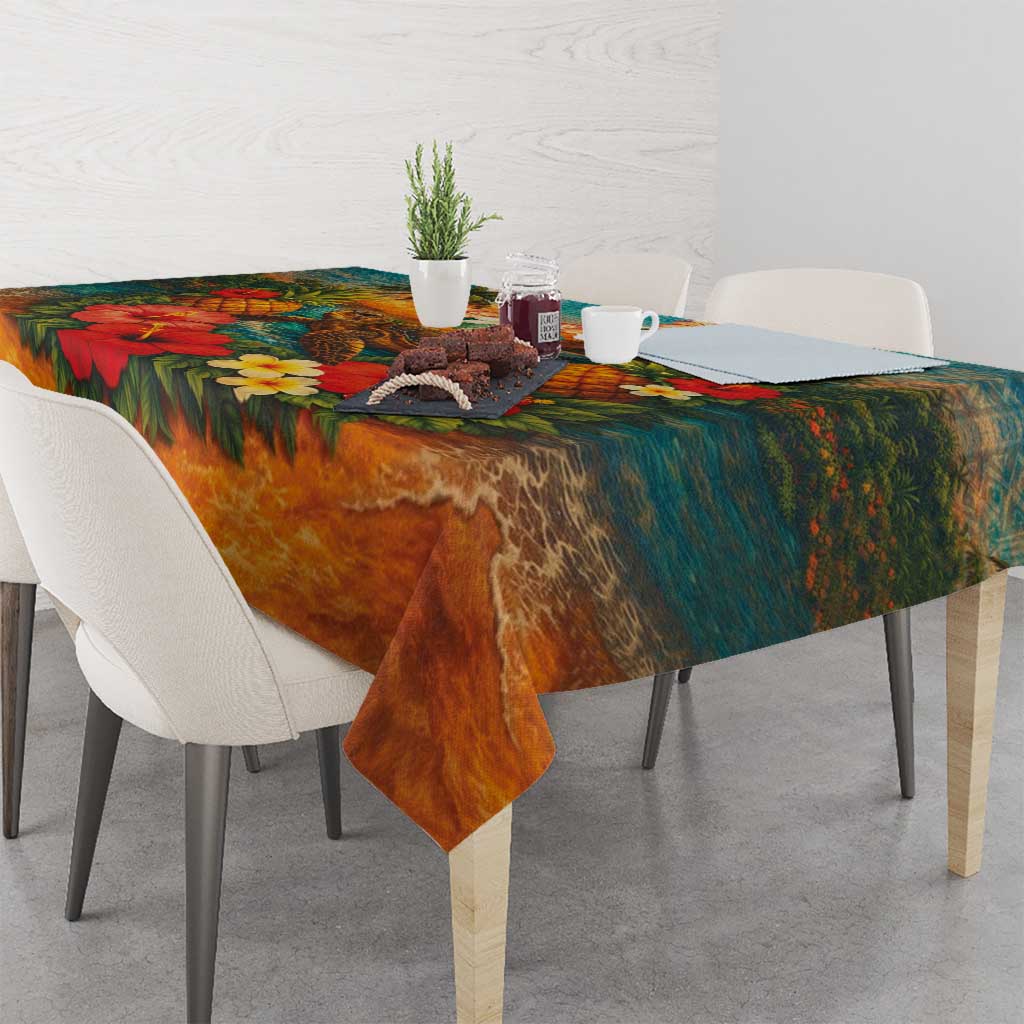 Hawaiian Turtles on Beach Tablecloth with Pineapple Tropical Plant and Lei