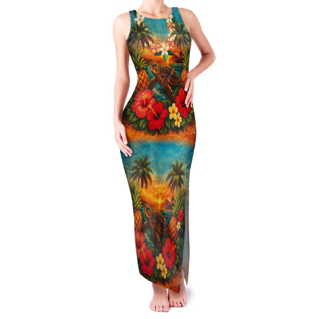 Hawaiian Turtles on Beach Tank Maxi Dress with Pineapple Tropical Plant and Lei