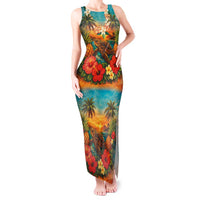Hawaiian Turtles on Beach Tank Maxi Dress with Pineapple Tropical Plant and Lei LT03 Women Multicolor - Polynesian Pride