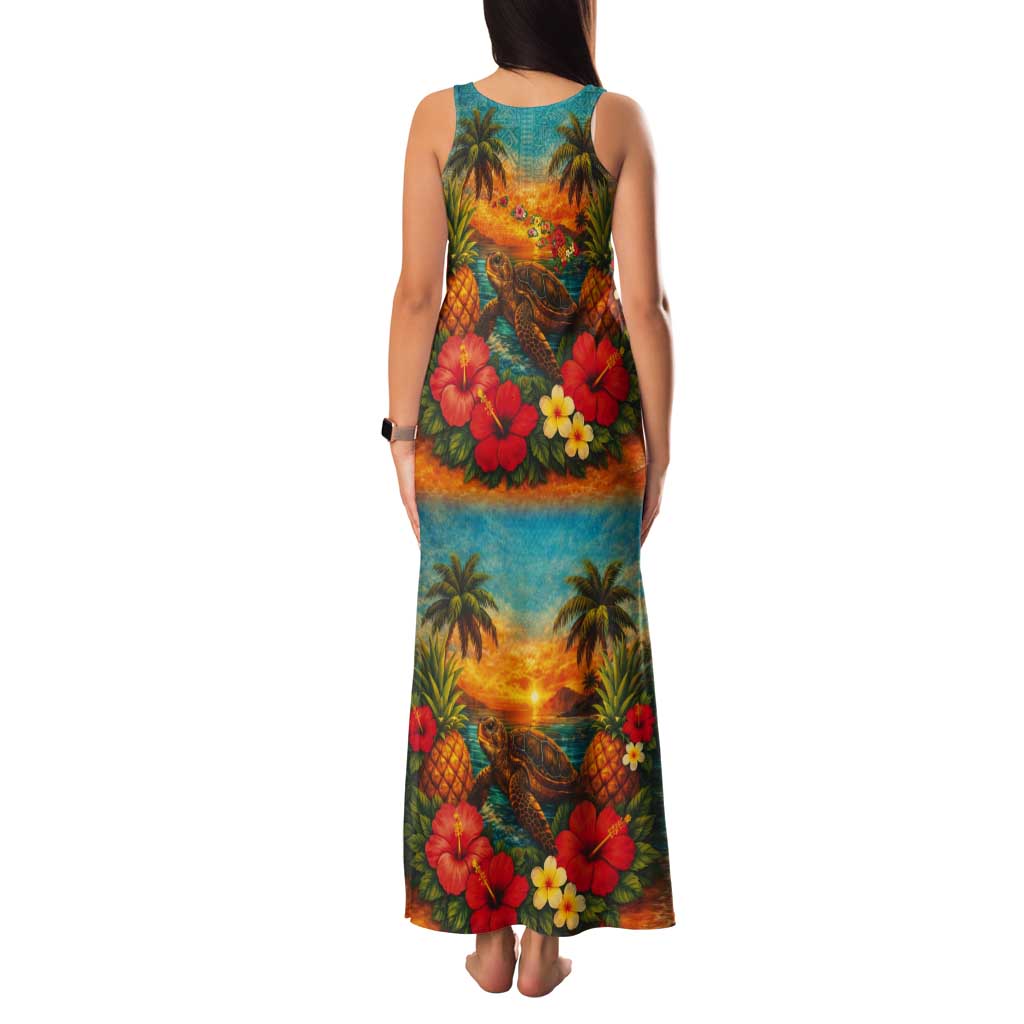 Hawaiian Turtles on Beach Tank Maxi Dress with Pineapple Tropical Plant and Lei LT03 - Polynesian Pride