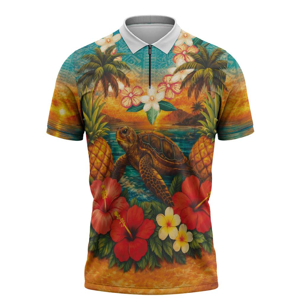 Hawaiian Turtles on Beach Zipper Polo Shirt with Pineapple Tropical Plant and Lei LT03 Multicolor - Polynesian Pride