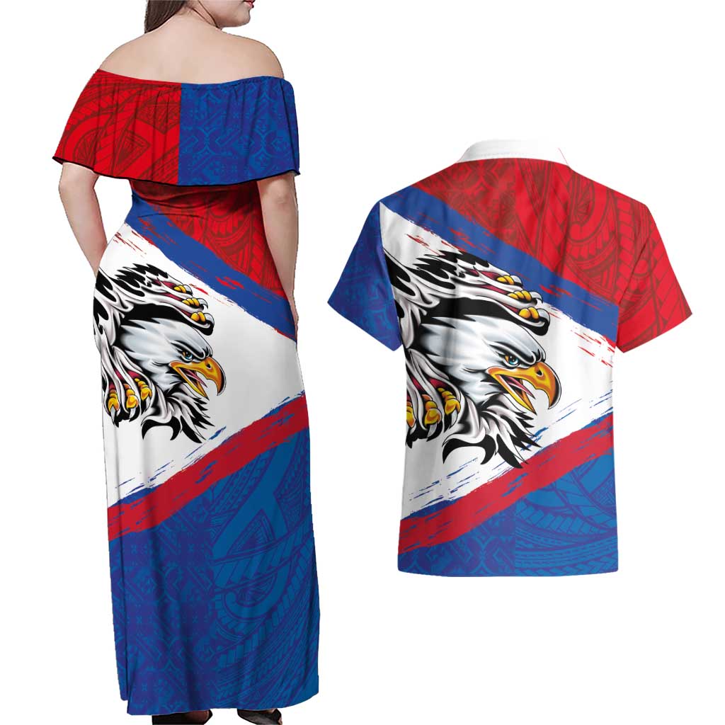 American Samoa Flag Day Couples Matching Off Shoulder Maxi Dress and Hawaiian Shirt Polynesian Art Geometric with Flag Brush Style