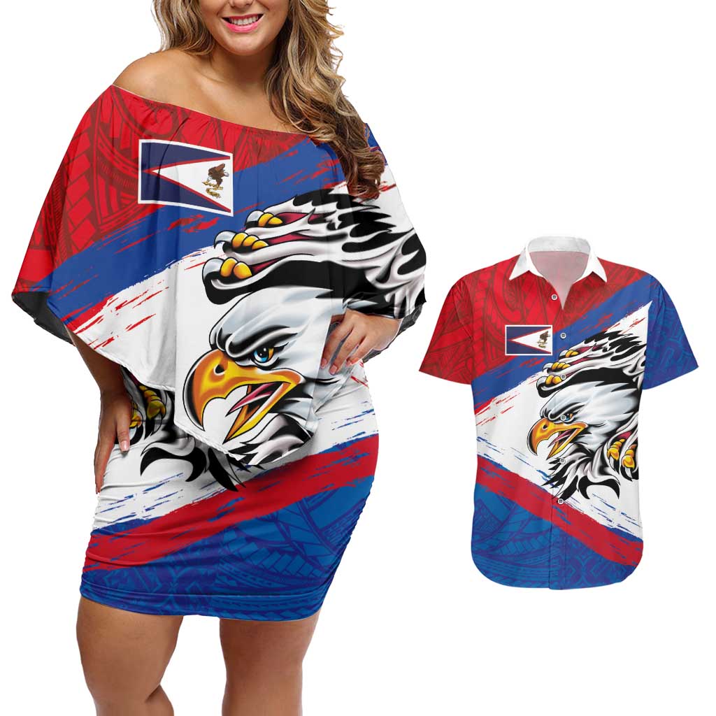 American Samoa Flag Day Couples Matching Off Shoulder Short Dress and Hawaiian Shirt Polynesian Art Geometric with Flag Brush Style