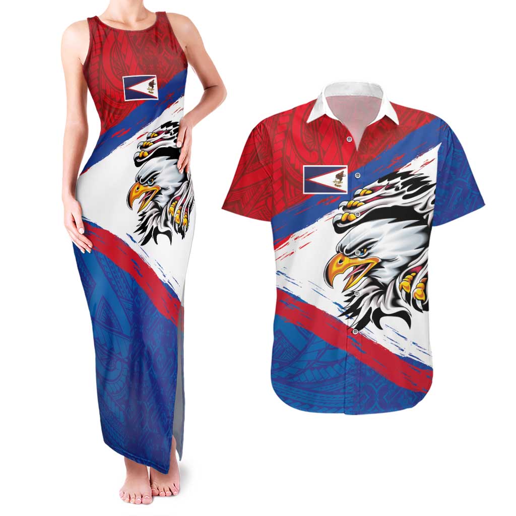 American Samoa Flag Day Couples Matching Tank Maxi Dress and Hawaiian Shirt Polynesian Art Geometric with Flag Brush Style