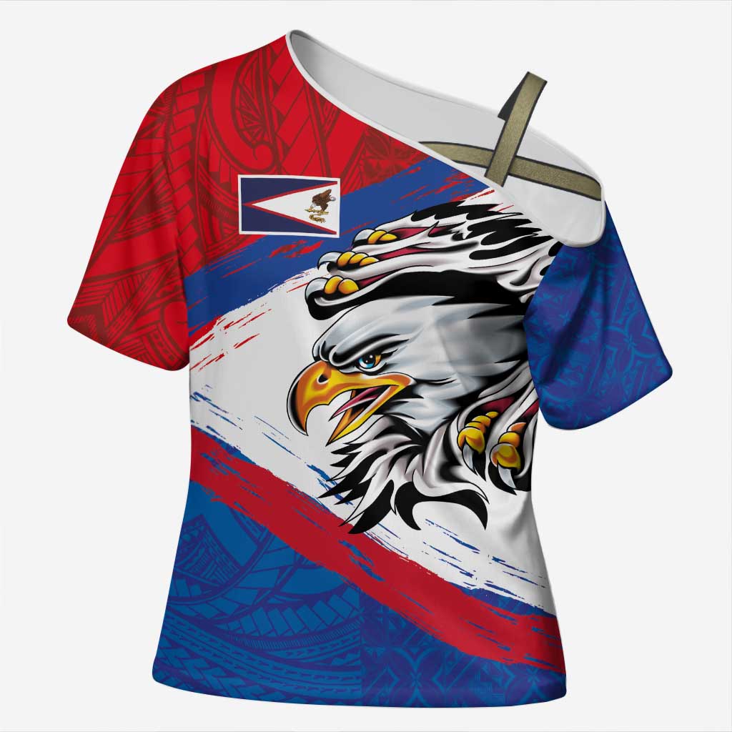 American Samoa Flag Day Cross Shoulder Shirt Polynesian Art Geometric with Flag Brush Style