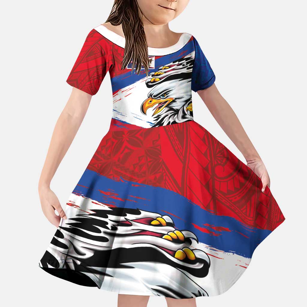 American Samoa Flag Day Family Matching Long Sleeve Bodycon Dress and Hawaiian Shirt Polynesian Art Geometric with Flag Brush Style LT03 Daughter's Dress Multicolor - Polynesian Pride