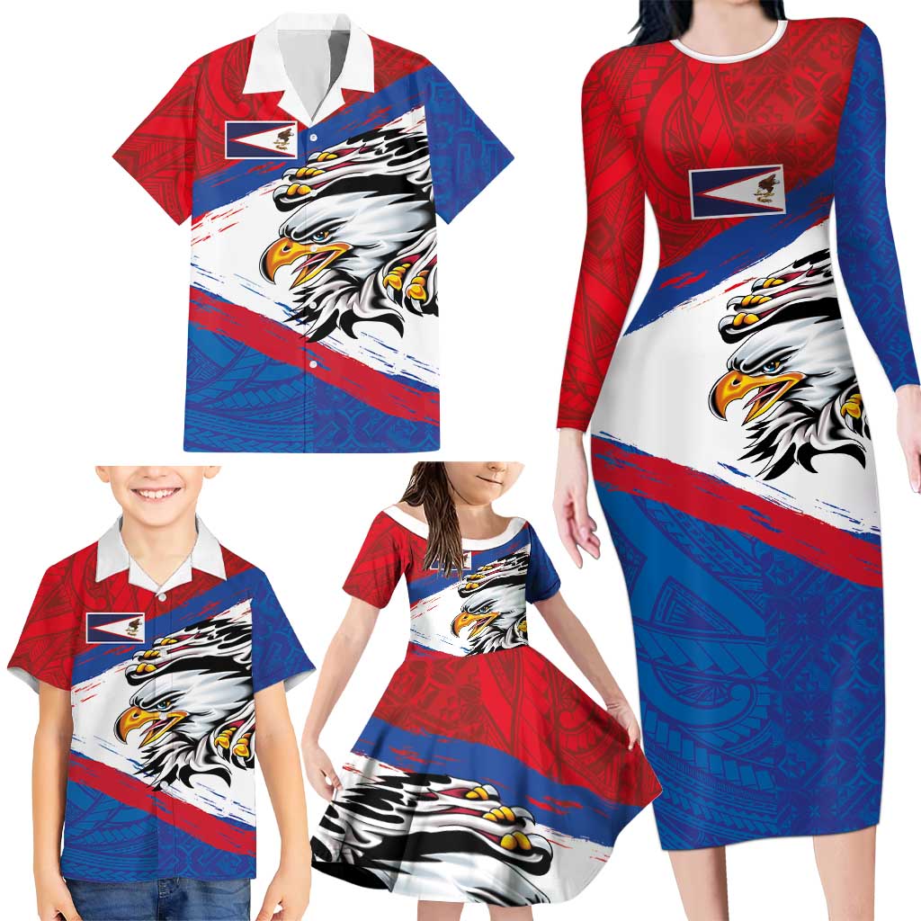 American Samoa Flag Day Family Matching Long Sleeve Bodycon Dress and Hawaiian Shirt Polynesian Art Geometric with Flag Brush Style LT03 - Polynesian Pride