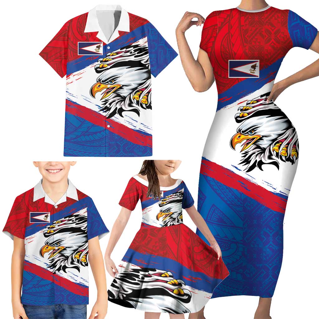 American Samoa Flag Day Family Matching Short Sleeve Bodycon Dress and Hawaiian Shirt Polynesian Art Geometric with Flag Brush Style LT03 - Polynesian Pride