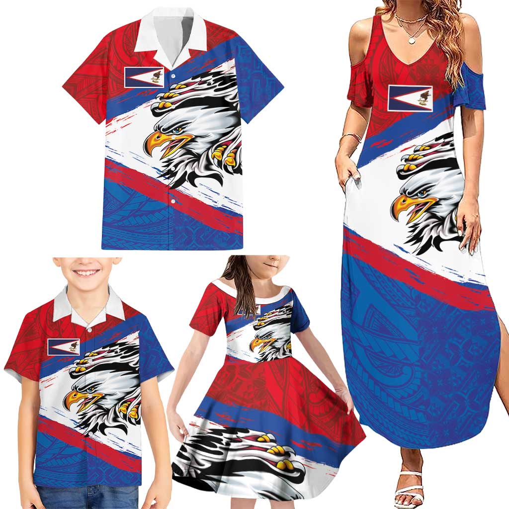 American Samoa Flag Day Family Matching Summer Maxi Dress and Hawaiian Shirt Polynesian Art Geometric with Flag Brush Style LT03 - Polynesian Pride